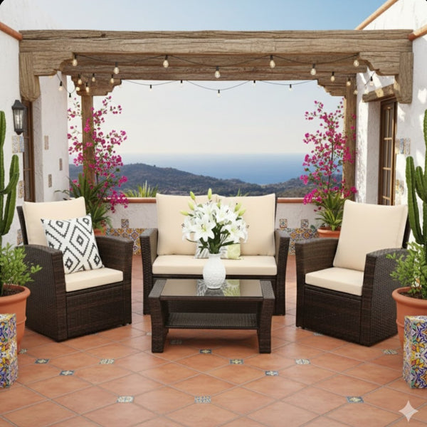 English Elm 4-piece Outdoor Wicker Conversation Set with Tempered Glass Table and Resort Style Brown B082S00060