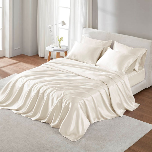 English Elm Satin Split King Sheet Set Luxury 100% Polyester Satin 90g Smooth Soft Deep Pocket Bedding Ivory 11.81 L x 9.84 W x 5.51 H B035P294186