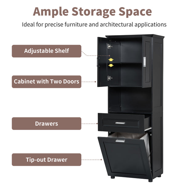 English Elm Tall Bathroom Cabinet with Tilt-Out Laundry Hamper, Adjustable Shelves, Anti-Tip Design & Large Storage Black WF323481AAB