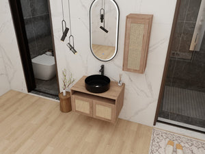 English Elm 30" Floating Bathroom Vanity Set with Ceramic Vessel Sink and Rattan Side Cabinet W999S00496