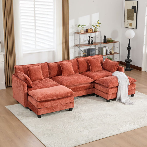 English Elm Cloud Modular Three Seat Sofa Chenille Upholstered with Double Layer Cushions for Living Room Orange W1143S00060