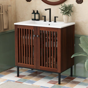 English Elm Christopher Knight Home® - 30" Vintage Bathroom Vanity with Rectangle Ceramic Sink, Rubber Wood Legs, Soft-Close Doors, Adjustable Shelves Antique brown,Dark Brown N817P245324B