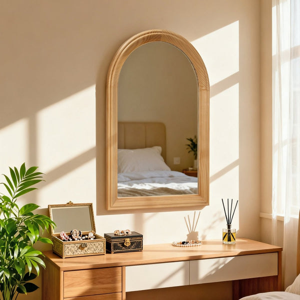English Elm Arched Oak Wood Wall Mirror Farmhouse Vanity Accent with Distortion Free Glass W2295P414110