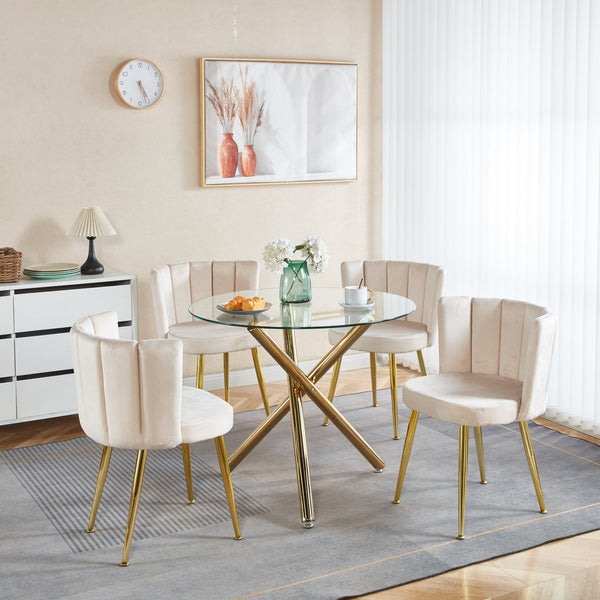 English Elm 1+4,5Pieces Mid-Century Dining Set With Glass Top & Gold Metal Legs - Stylish Table For 4-6 People W234S00091