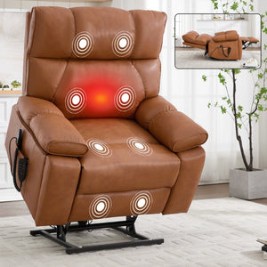 English Elm Orange Leatheraire Dual Motor Power Lift Recliner with Massage Heat and Lumbar W1803P340283