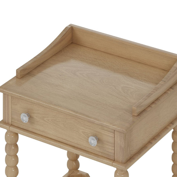 English Elm Retro Bedside Nightstand with Turned Rubberwood Legs Open Shelf and Drawer Storage Natural N733P206240M