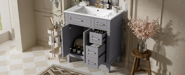 English Elm 30" Freestanding Bathroom Vanity Ceramic Sink Soft Close Cabinet Gray Wood Frame Grey N729P427118E