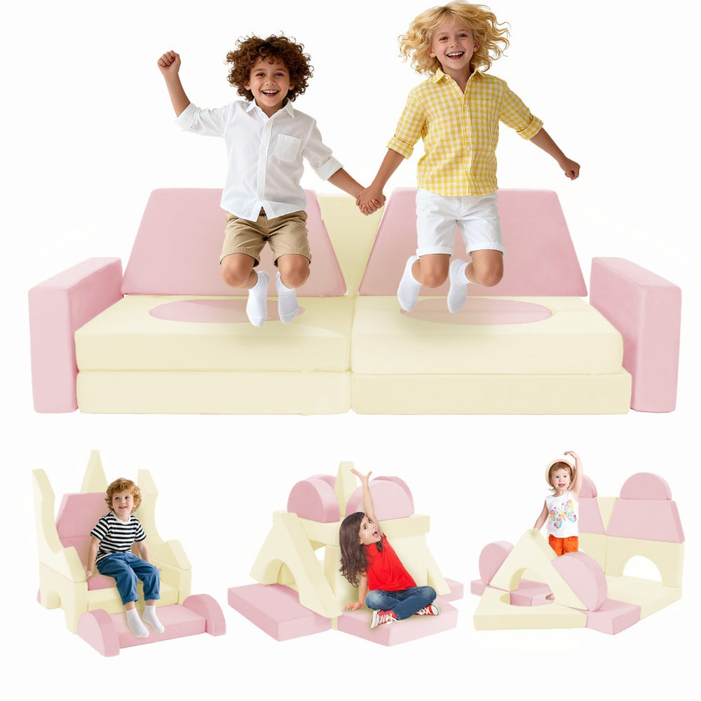 English Elm 14pcs Modular Foam Play Couch Set Convertible Toddler Fort Builder for Playrooms Pink+White T5880P493448