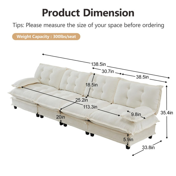English Elm 138" Modular Cloud Sectional Sofa Deep Seat Chenille Upholstery for Living Room W714S01681