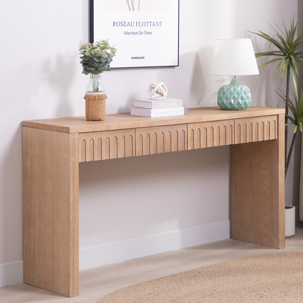 English Elm Modern Console Table 4 Drawers 59.2" Narrow Entryway Table in Natural Wood Finish with Carved Fronts and Hidden Storage for Hallway Living Room Bedroom Decor and Keys W2729P298158