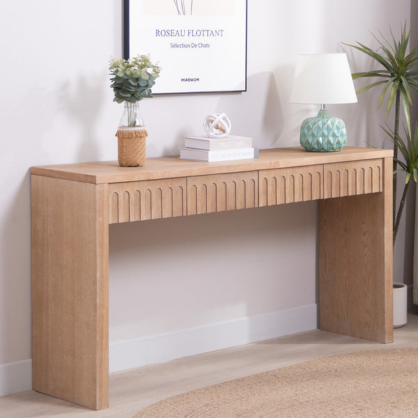 English Elm Modern Console Table 4 Drawers 59.2" Narrow Entryway Table in Natural Wood Finish with Carved Fronts and Hidden Storage for Hallway Living Room Bedroom Decor and Keys W2729P298158