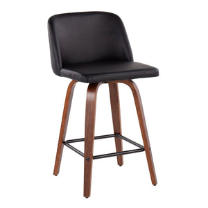 English Elm Toriano Mid-Century Modern Counter Stools Set Of 2 - Walnut Wood Legs & Black Faux Leather Seats B202S00445-GIGA