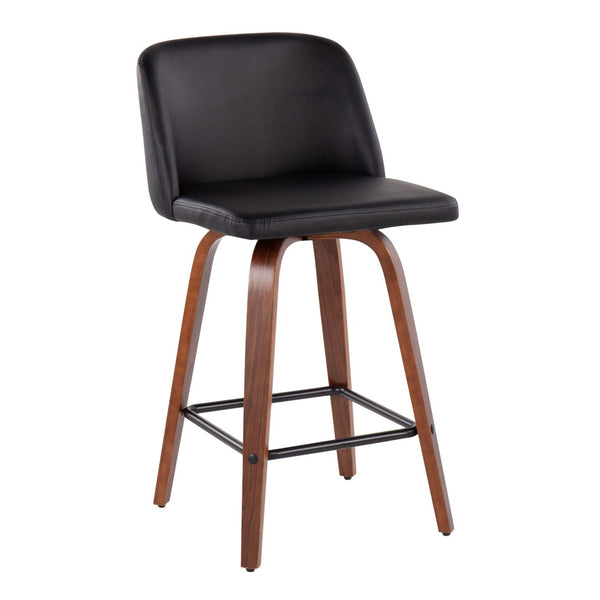 English Elm Toriano Mid-Century Modern Counter Stools Set Of 2 - Walnut Wood Legs & Black Faux Leather Seats B202S00445-GIGA