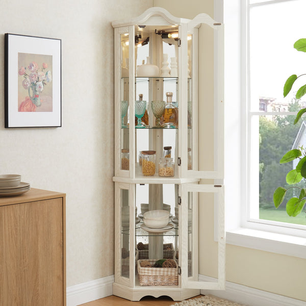 English Elm Lighted Corner Curio Cabinet With Adjustable Shelves & Integrated Lighting - Elegant White Oak Display W1758P300125