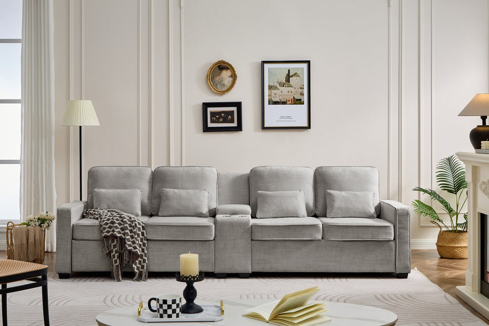 English Elm 114" Modern Upholstered Sofa with Console, Built-In USB & Cupholders, Durable Linen Fabric Comfort Light Brown W2353S00005