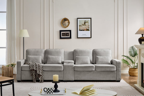 English Elm 114" Modern Upholstered Sofa with Console, Built-In USB & Cupholders, Durable Linen Fabric Comfort Light Brown W2353S00005