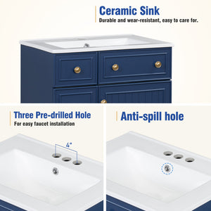 English Elm 24-Inch Bathroom Vanity Cabinet with Ceramic Sink, Space-Saving Storage, Solid Wood Feet, Durable Finish Blue WF532034AAC
