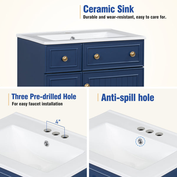 English Elm 24-Inch Bathroom Vanity Cabinet with Ceramic Sink, Space-Saving Storage, Solid Wood Feet, Durable Finish Blue WF532034AAC