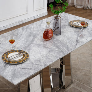 English Elm Marble Dining Table For 6-8 People, 70'' Rectangle Faux Marble Top With Stylish Chrome Base Finish W3456S00013