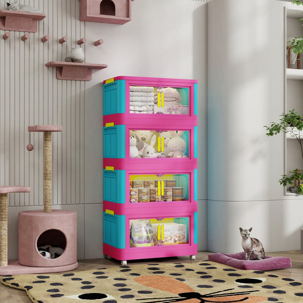 English Elm Happy 20" Side Wide Folding Storage Cabinet with 5 Tiers, Wheels, Magnetic Door, Durable PP Design Blue+Pink W2873P279883