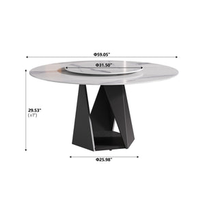 English Elm 59.05" Round Marble Dining Table With Black Iron Base & 31.5" Turntable – Seats 6-8, Elegant Design W1535S00406
