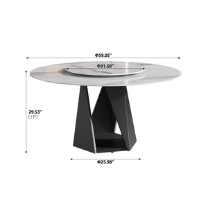 English Elm 59.05" Round Sintered Stone Dining Table with Lazy Susan Iron Base Seats 8 Black,White W1535S00640