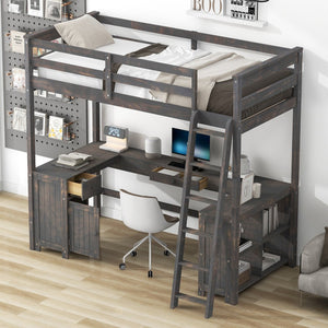 English Elm Twin Loft Bed with U-Shaped Desk, Drawers & Shelves — Antique Brown Twin Work-Study Space, 350lb Capacity GX001038AAD