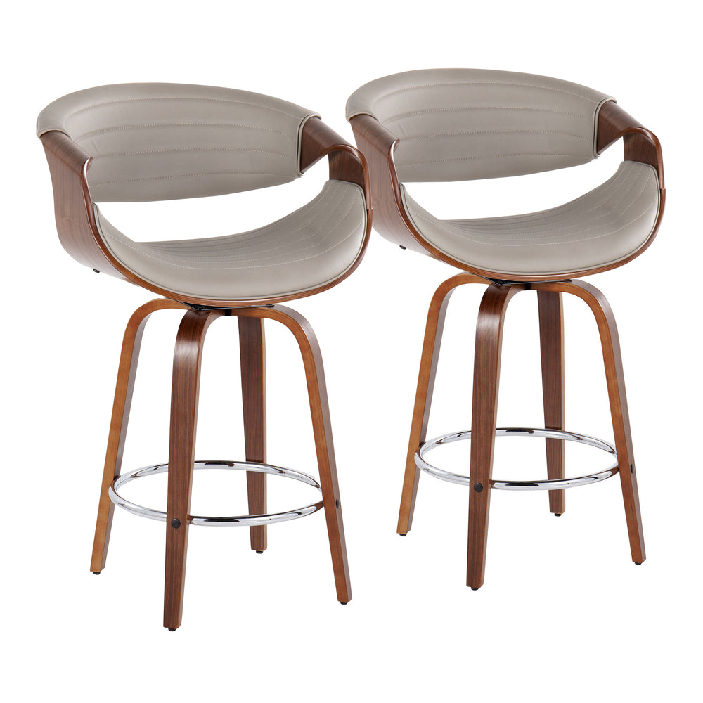 English Elm Symphony Mid-Century Counter Stool Set of 2 – 26" Fixed Height Swivel Faux Leather Seats, Walnut Legs Grey B202S00378