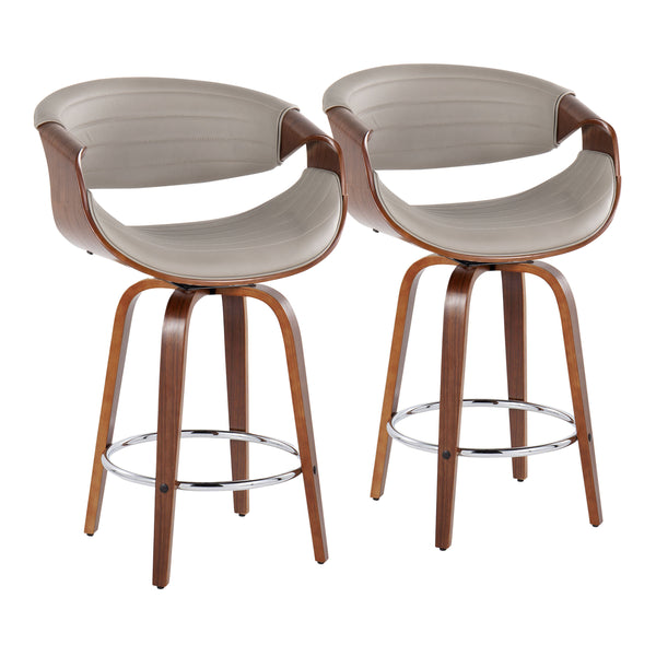English Elm Symphony Mid-Century Counter Stool Set of 2 – 26" Fixed Height Swivel Faux Leather Seats, Walnut Legs Grey B202S00378