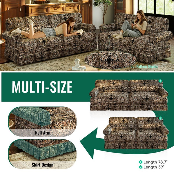 English Elm Luxuriously Deep Chenille Sofa with Pleated Skirt and Rolled Arms for Living Rooms Black Floral W1885S00296