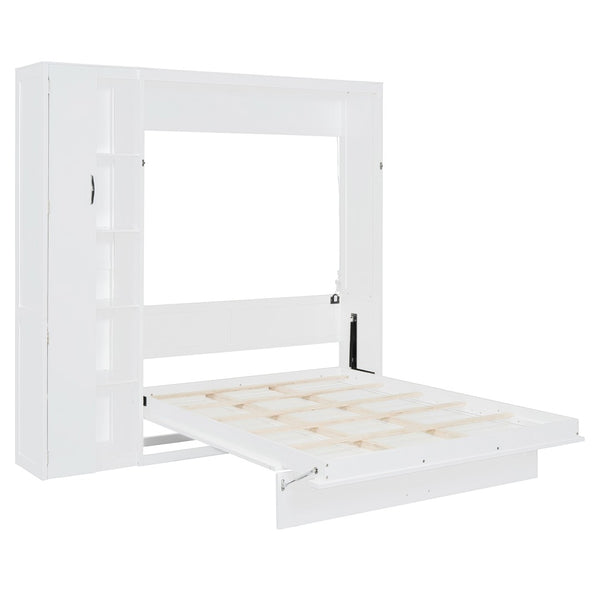 English Elm Full Size Murphy Bed with Open Shelving Wardrobe and Led Lighting for Studio Spaces White LP000898AAK-1