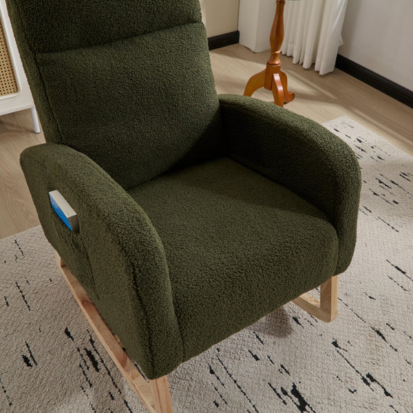 English Elm Modern Upholstered Glider Rocker with Teddy Fabric High Back and Rubberwood Base Green W3723P409071