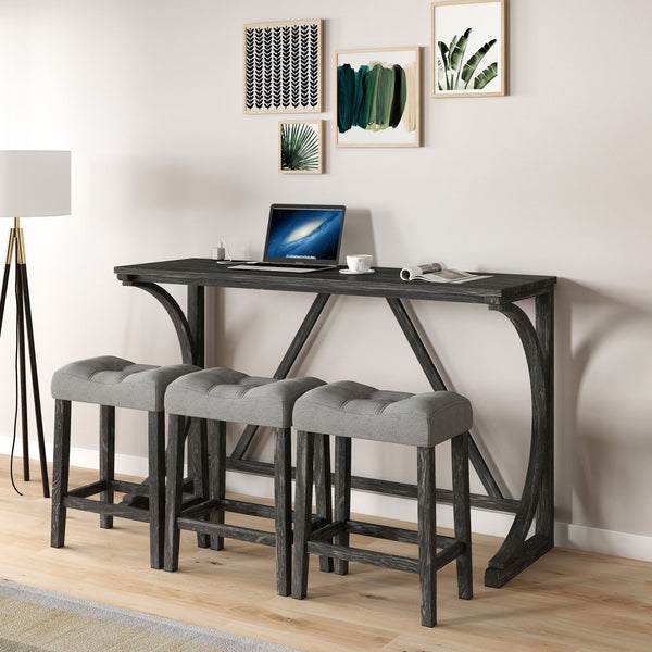English Elm Bar Industrial Bar Table Set with Power Outlet and Upholstered Chairs, Space-Saving Dining Hub Grey+Black W487P333506