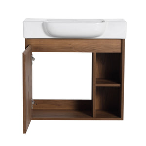 English Elm 24'' Wall-Mounted Bathroom Vanity with White Ceramic Sink, Soft-Close Door, Open Shelves, Moisture-Resistant Finish W999P263406