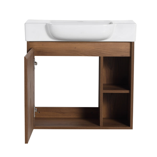 English Elm 24'' Wall-Mounted Bathroom Vanity with White Ceramic Sink, Soft-Close Door, Open Shelves, Moisture-Resistant Finish W999P263406