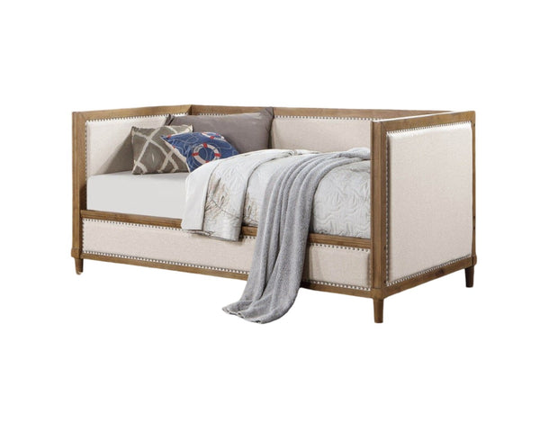 English Elm Beige Transitional Daybed with Light Oak Pine Frame, Nailhead Trim, Twin Mattress‑Ready Accent Bed B011S01092