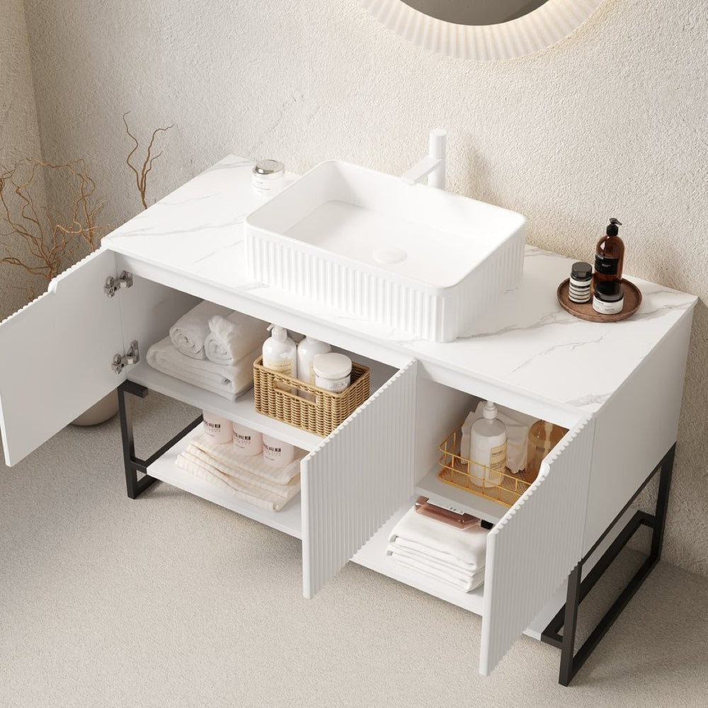 English Elm 48" Freestanding Bathroom Vanity Cabinet Sintered Stone Top Woodgrain Finish Open Shelf W2615S00107