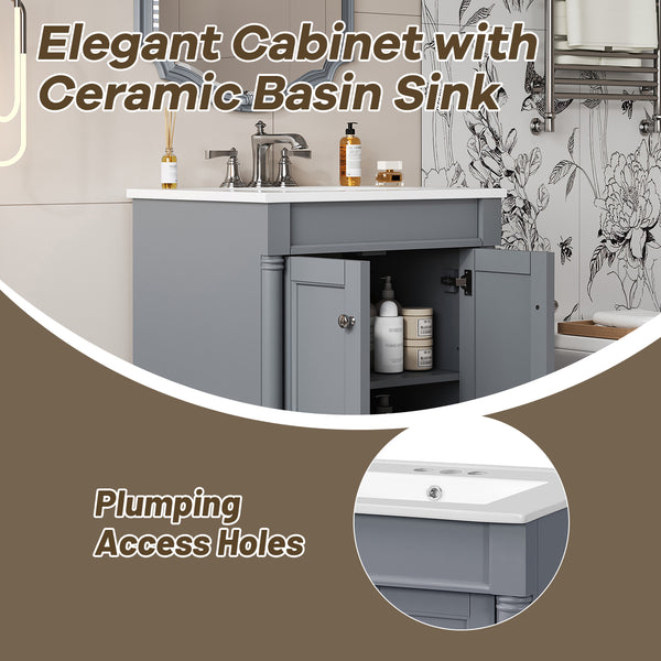 English Elm 24'' Modern Bathroom Vanity with Ceramic Basin, Solid Wood Frame, Soft-Close Doors, Ample Storage Grey N710P190503E