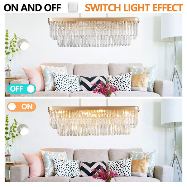 English Elm Chandeliers,Rectangular Crystal Chandelier Adjustable Modern Industrial Iron Frame Pendant Light for Kitchen Dining Room Bedroom PMID Gold W2312P368691