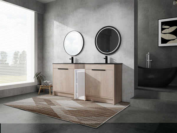 English Elm 72 Inch Freestanding Bathroom Vanity Set With Black Ceramic Sinks, Soft-Close Doors & Storage Solutions W999S00319