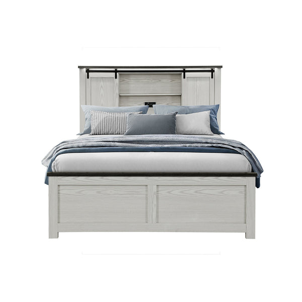 English Elm Avery Beige Full Bed with Bookcase Headboard, Black Bar Detail, Low Profile Solid Wood Design B201S00398