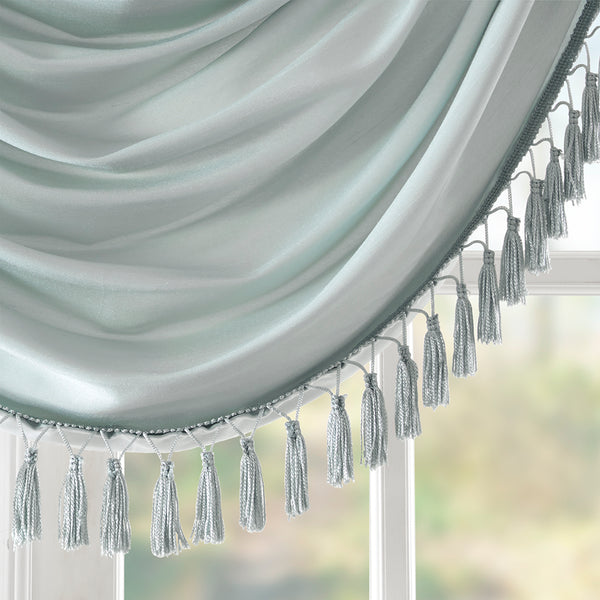 JLA Home Madison Park - Faux Silk Waterfall Valance with Tassel Trim, Lined Rod-Pocket Design for Hotel-Quality Window Styling Dusty Aqua MP41-4961