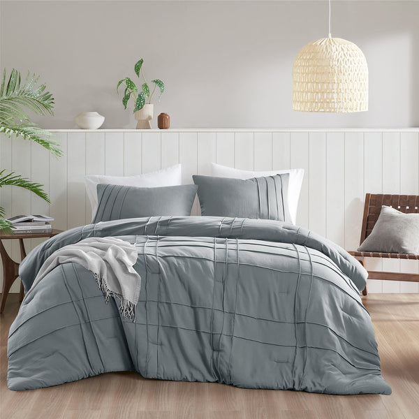 JLA Home Comfort Spaces - Soft Pinch-Pleat Comforter Set with Pre-Washed Microfiber, Lightweight Loft, Durable Stitching, Year-Round Comfort Blue/Grey AM10-0465