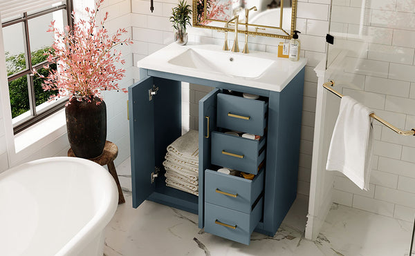English Elm 30'' Bathroom Vanity With Ceramic Sink Combo - Stylish Freestanding Cabinet, Soft Close Drawers & Retro Charm N710P191947C