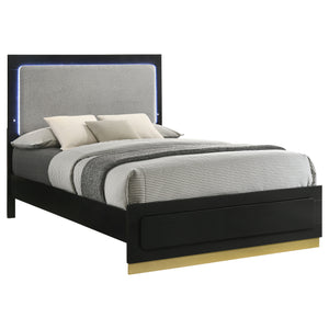 English Elm Sophia Modern Black Eastern King Panel Bed with Light Grey Upholstered LED Headboard & Gold Accents B062S01056