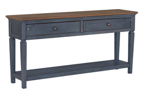 English Elm 60 inch Sofa Table Corduroy Blue Distressed Coastal Console with 2 Drawers & Shelf, Rubberwood Charm B108P193075