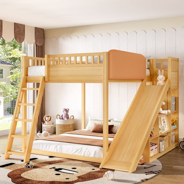 English Elm Full Size Kids Loft Bed Pine Frame Upholstered Headboard Built in Slide and Storage Shelves Natural W1580S00306