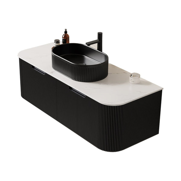 English Elm Dina Floating Bathroom Vanity with Crystal Glass Basin and Sintered Stone Top Black,Carrara White W2615S00199