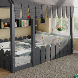 English Elm {slats Are Not Included} Twin Montessori House Floor Bed Kids Tent Lights Shelves Pinewood Frame Gray N708P407963E
