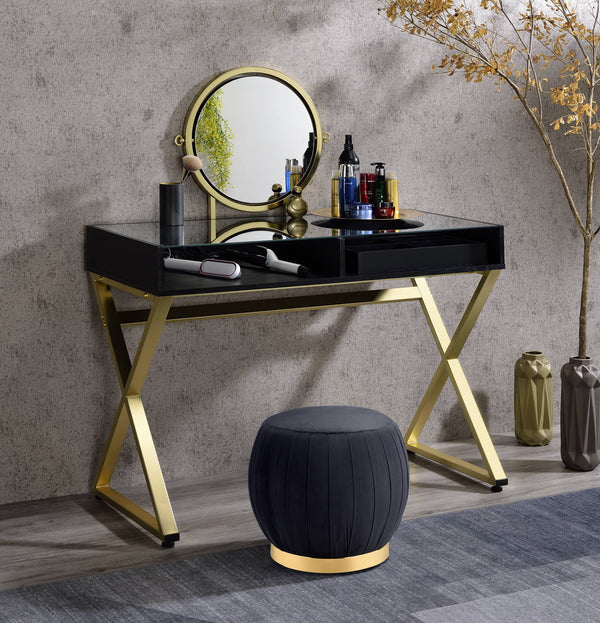 English Elm Coleen Black & Gold Vanity Desk with Mirror and Jewelry Tray — Metal Frame, 2 Drawers, Chic Storage B2726P315736